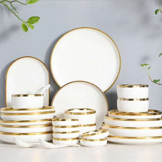 High-quality Matte Gilt Rim White Porcelain Plates Ceramic Tableware